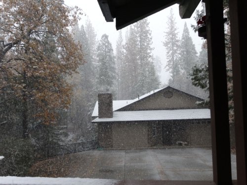 snowing at the cabin