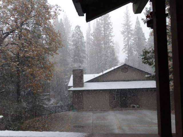 snowing at the cabin