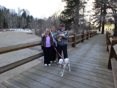 Family on bridge in Yosemite