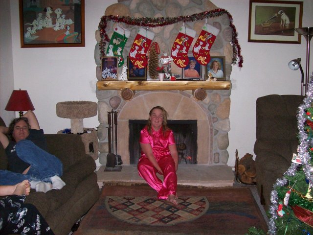 Melissa showing off new pajamas 