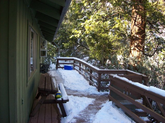 Snow on the deck at Bass Lake 