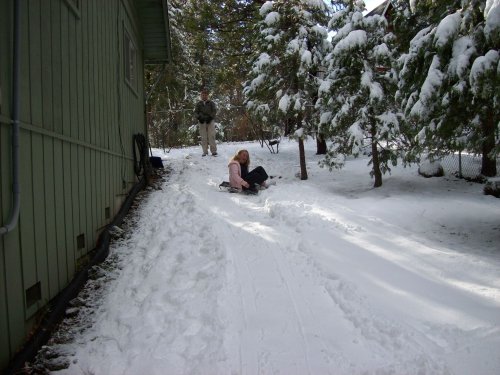 Melissa trying out Jonny's sled run 