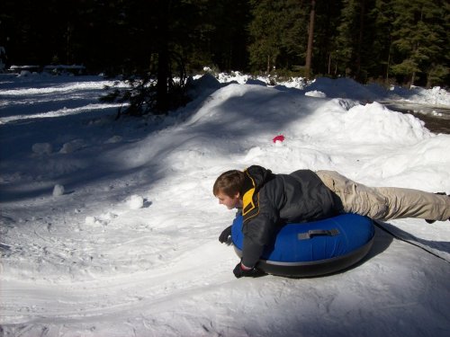 Jonny on tube at snow play area (Goat Meadow) 