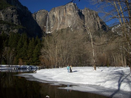 Lori & Melissa on snow covered beach by Merced River 