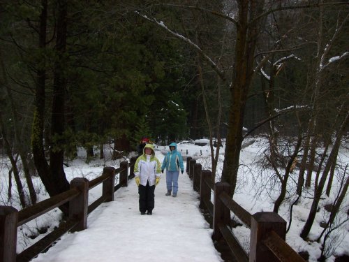 Family on bridge in rainstorm 