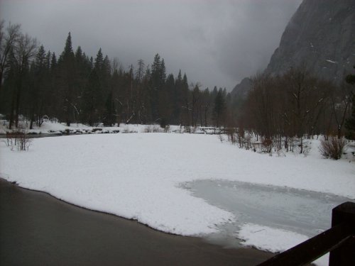 Merced River and rain in Yosemite Valley 