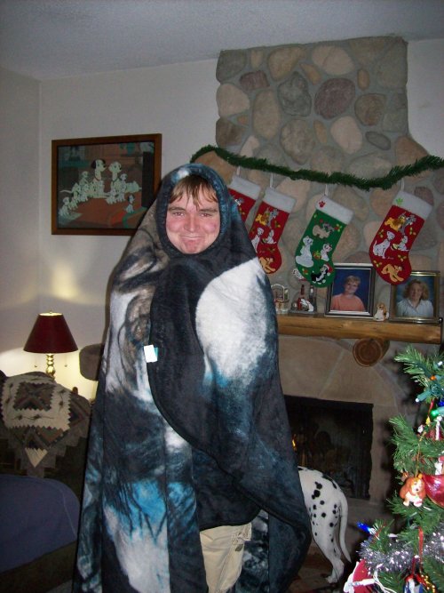 Jonny modeling new blanket from Martha 