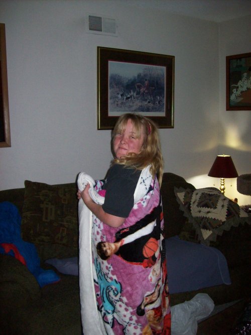 Melissa modeling Christmas present from Martha 