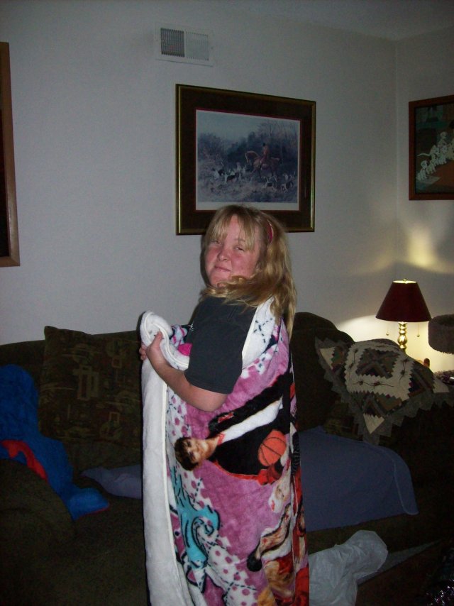 Melissa modeling Christmas present from Martha 