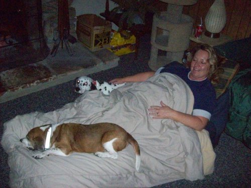 Lori, Riley, and Freckles by the fire 