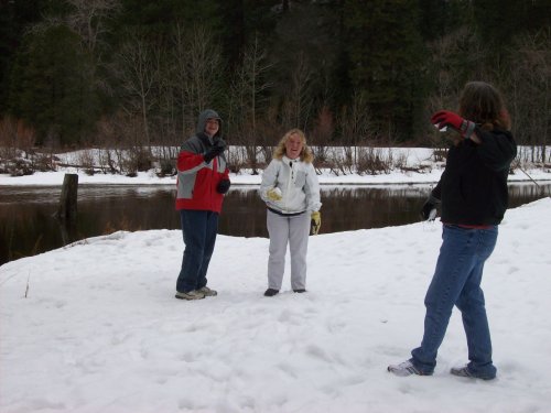 The beginning of a snowball fight 