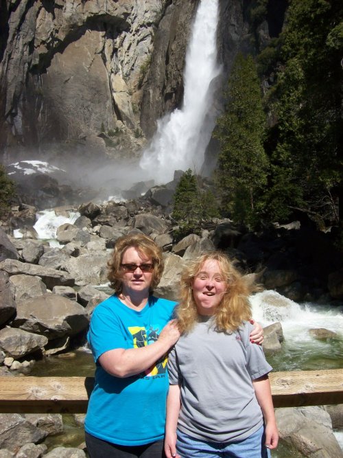 Gir;s by the waterfall 