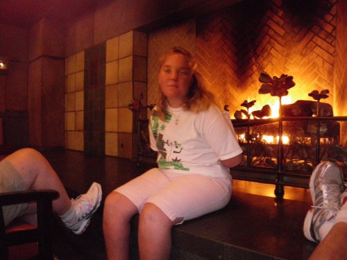 Missy in front of the fire at the Grand Californian 