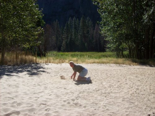 Melissa in sand by Merced River 