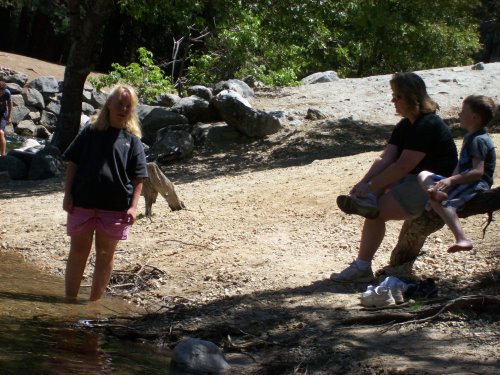 Lori & Melissa wading in the Merced river 