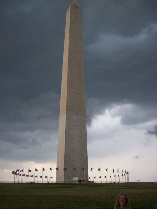 Melissa's head in front of Washington Monument 