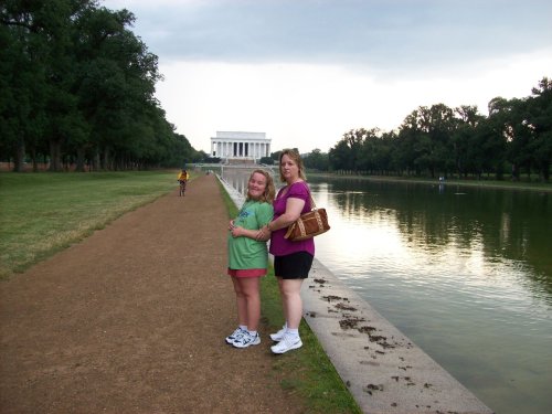 Mom and Missy by reflection pond at  Lincoln Memorial 