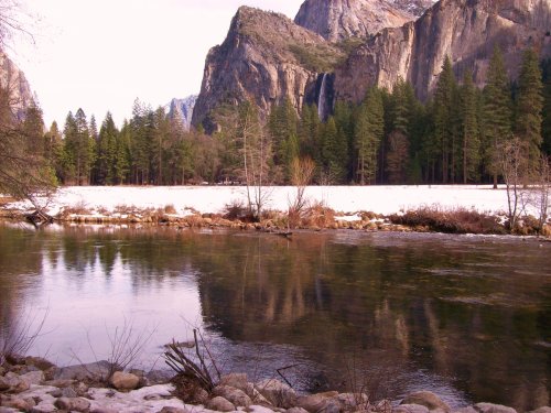 Merced River, Bridalveil Falls in background 