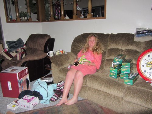 Melissa amongst her loot 