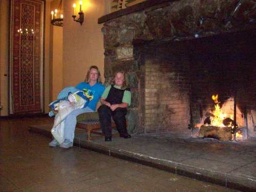 Lori & Melissa by the fireplace at the Ahwahnee 
