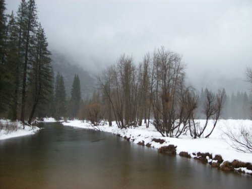 Merced River and rain in Yosemite Valley 